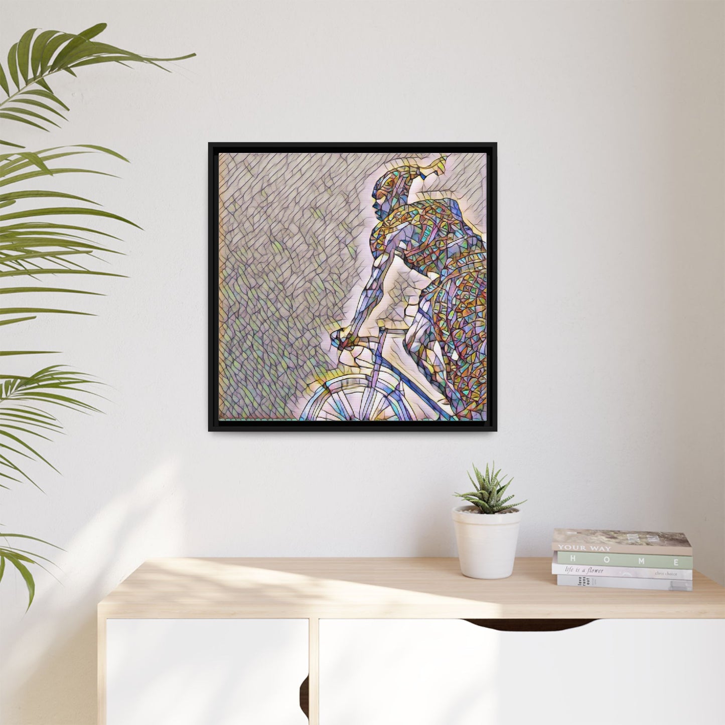 Cyclist Mosaic Matte Canvas Print — Framed Multicolor Bike Art