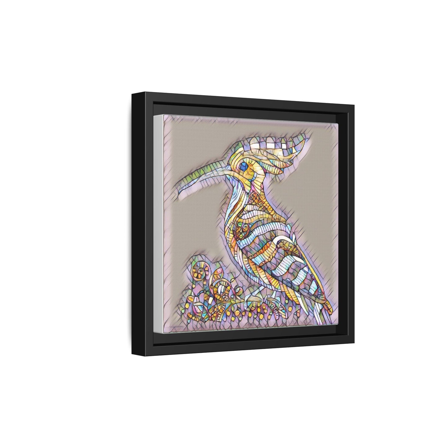 Colorful Mosaic Bird Framed Canvas Art — Whimsical Hoopoe Wall Decor