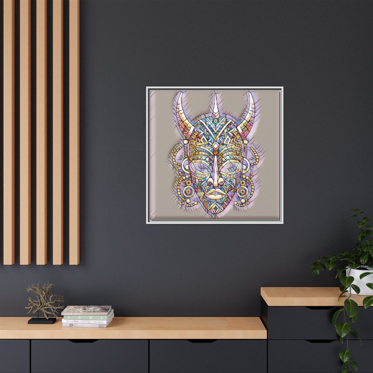 Colorful Tribal Mask Framed Canvas Art — Abstract Ethnic Wall Decor