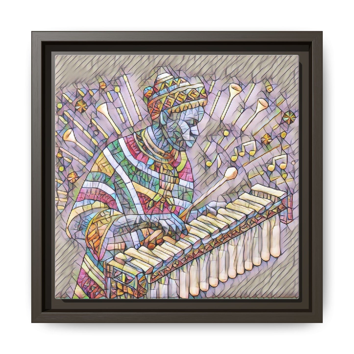 Colorful Marimba Musician Matte Framed Canvas — Vibrant African Instrument Wall Art