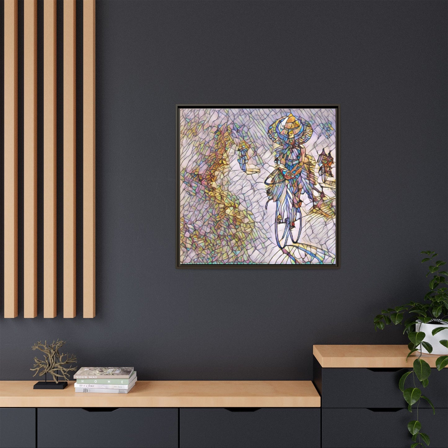 Abstract Cyclist Stained-Glass Art Print — Framed Matte Canvas