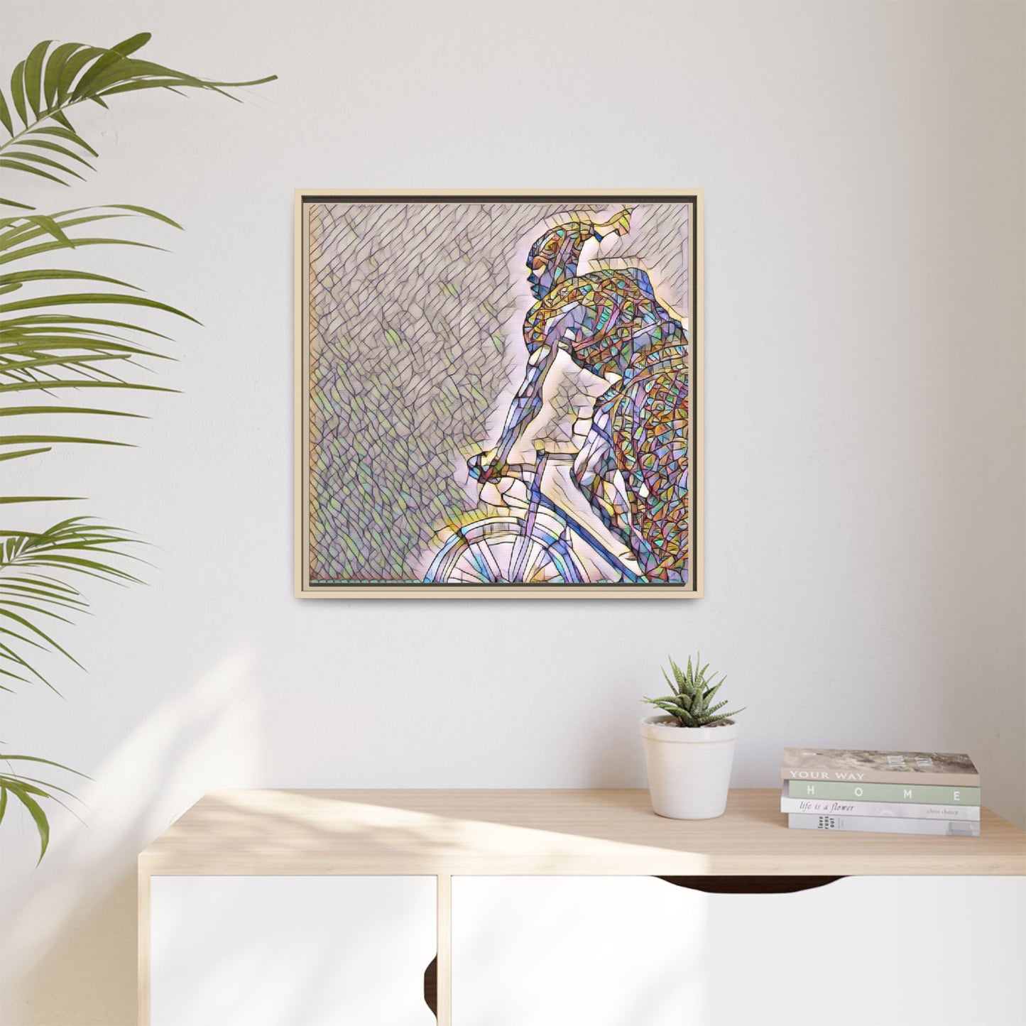Cyclist Mosaic Matte Canvas Print — Framed Multicolor Bike Art