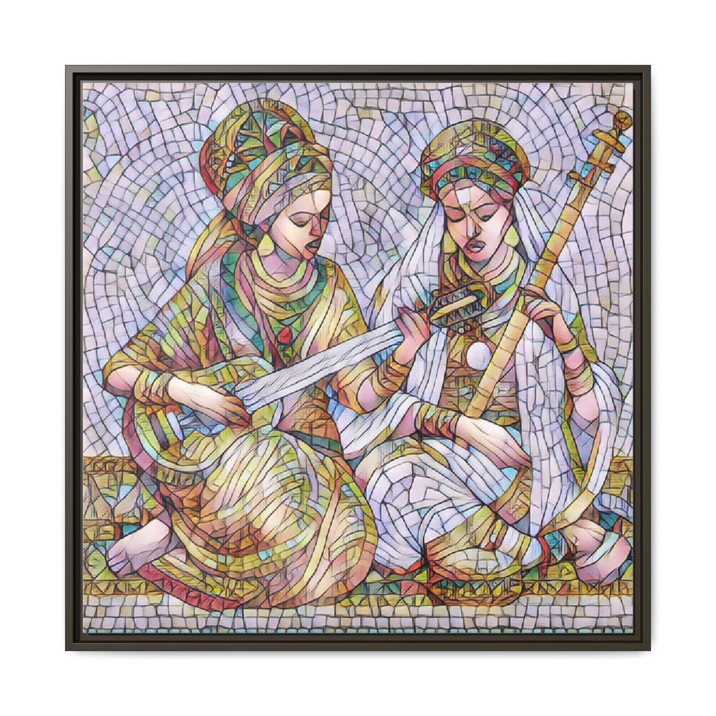 Framed Mosaic Art Print — Two Women Playing Lutes (Matte Canvas)