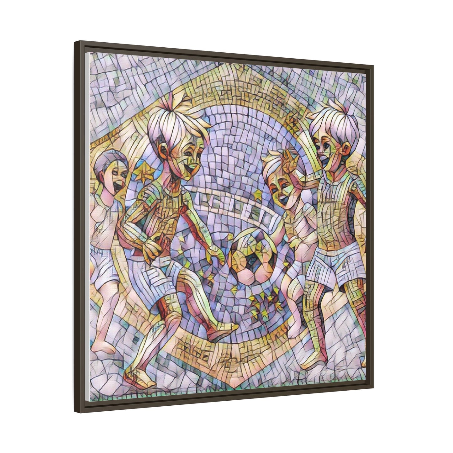 Framed Matte Canvas – Vintage Mosaic Kids Playing Soccer Art