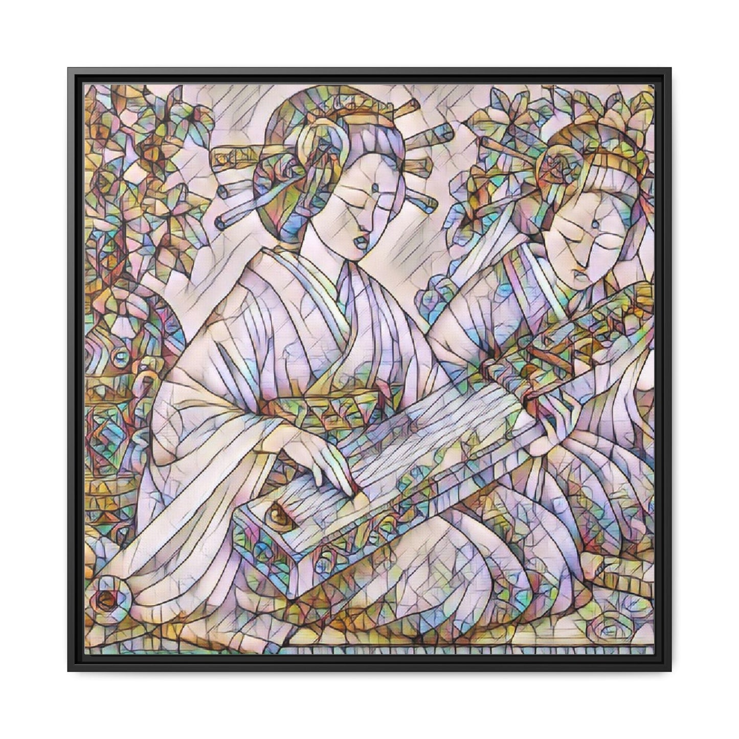 Framed Matte Canvas Print — Stained-Glass Geisha Duo