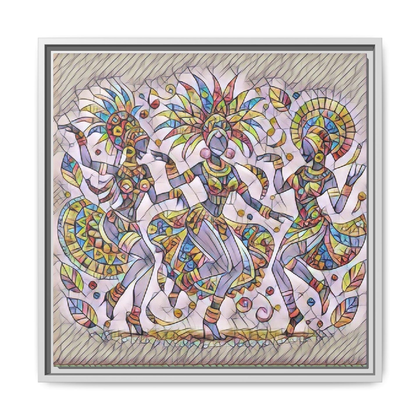 Colorful Carnival Dancers Framed Canvas Art — Multicolor Tribal Celebration Print