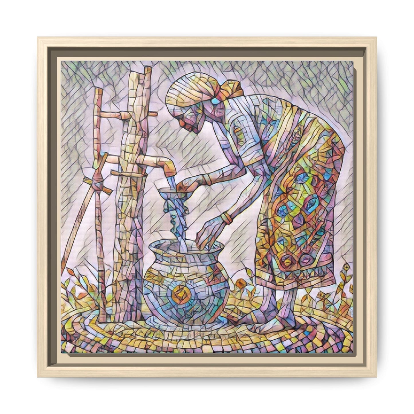 Framed Matte Canvas Art — Colorful Mosaic Woman at Well