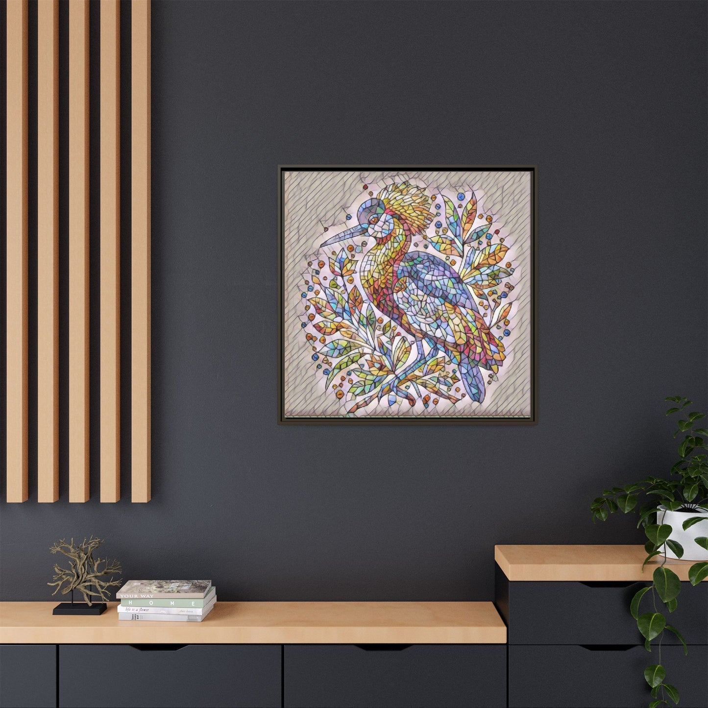 Colorful Stained-Glass Heron — Framed Matte Canvas Wall Art