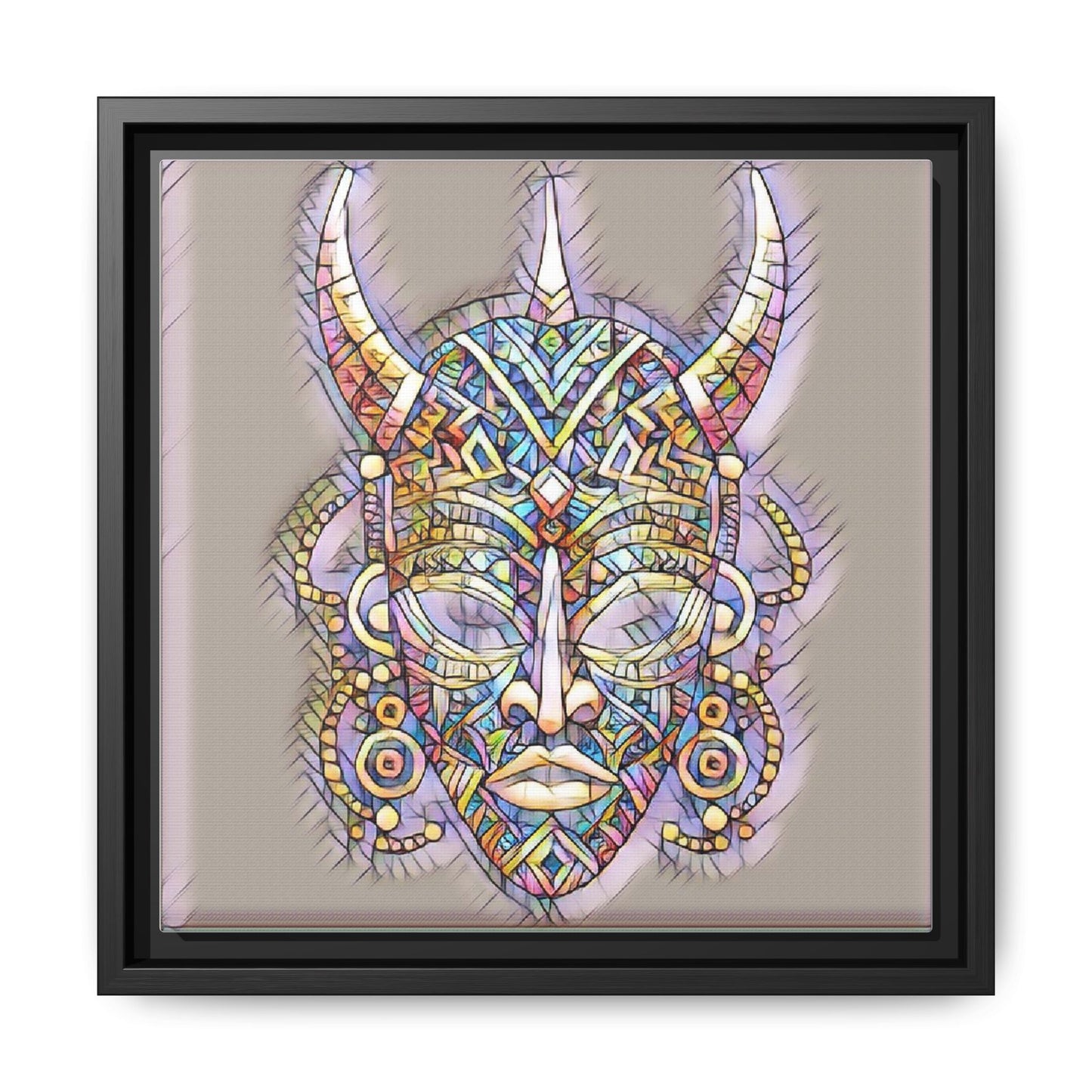 Colorful Tribal Mask Framed Canvas Art — Abstract Ethnic Wall Decor