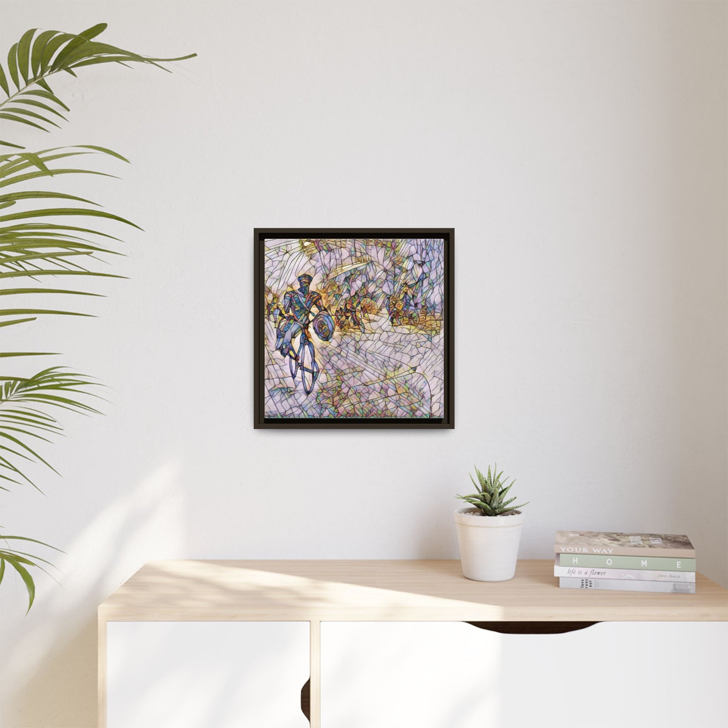 Cyclist Mosaic Matte Canvas Framed Wall Art — Colorful Biking Scene