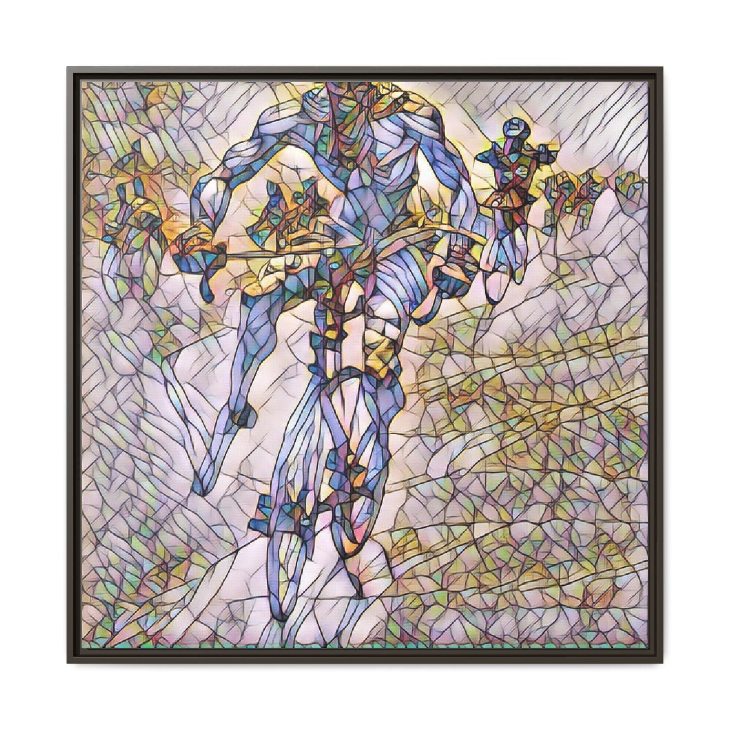 Abstract Cyclist Matte Canvas Framed Art — Colorful Stained-Glass Bike Print