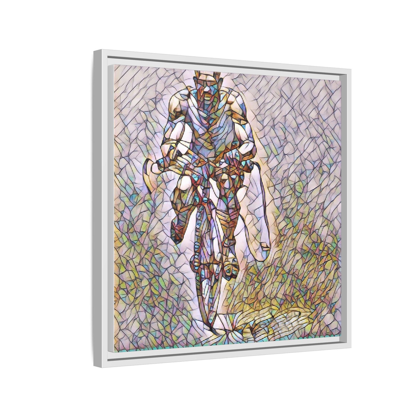 Cyclist Art Print — Framed Matte Canvas Wall Art (Multicolor Stained-Glass Style)