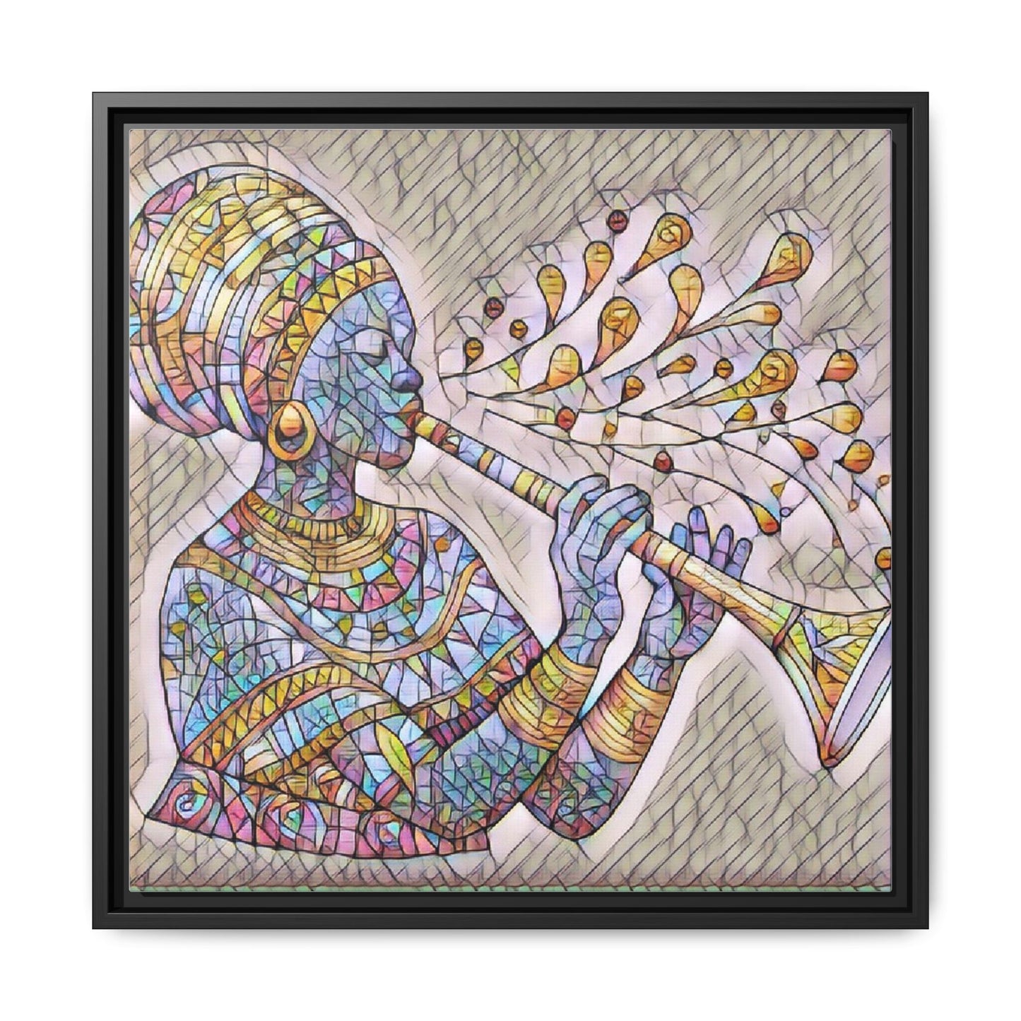 Framed Matte Canvas Art – Colorful African Musician Trumpet Print