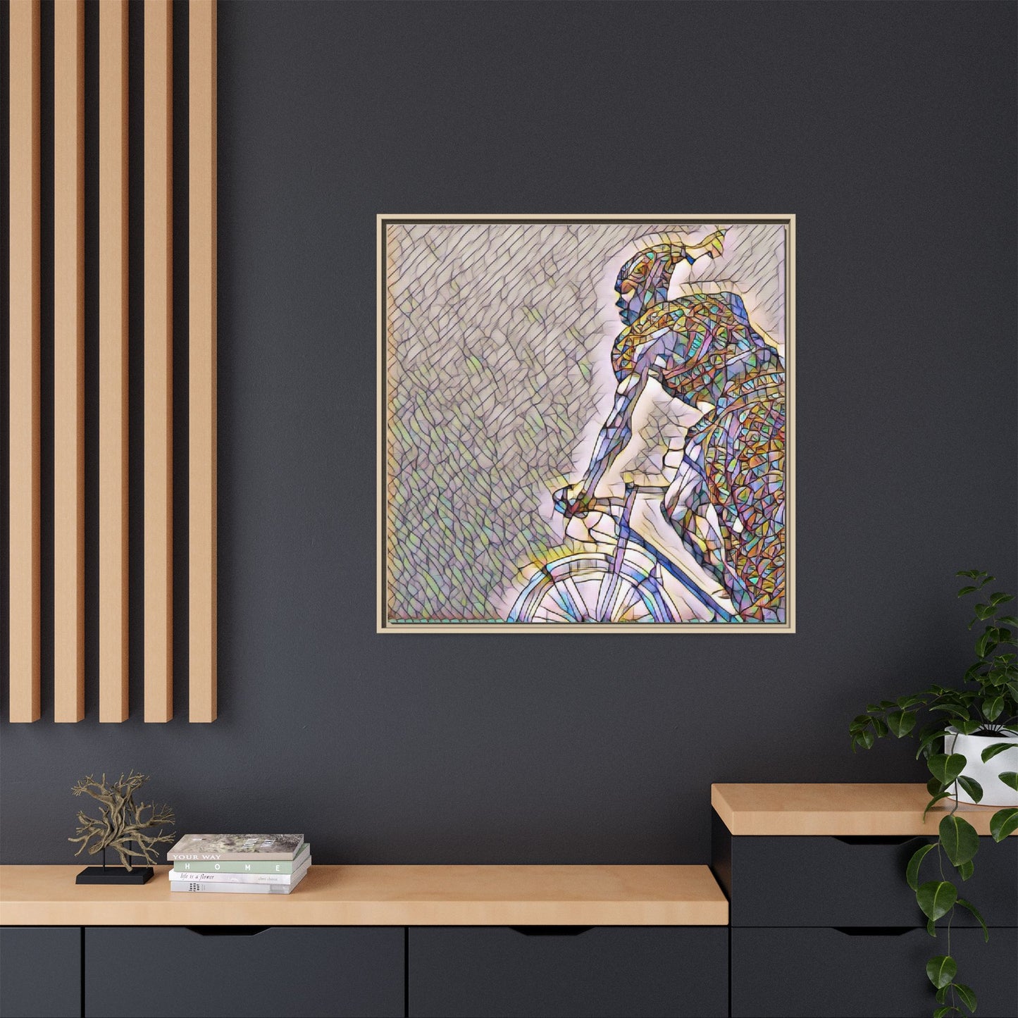 Cyclist Mosaic Matte Canvas Print — Framed Multicolor Bike Art