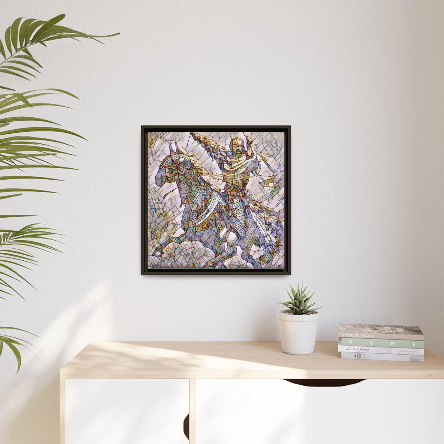 Framed Matte Canvas Print — Stained Glass Knight on Horse Artwork