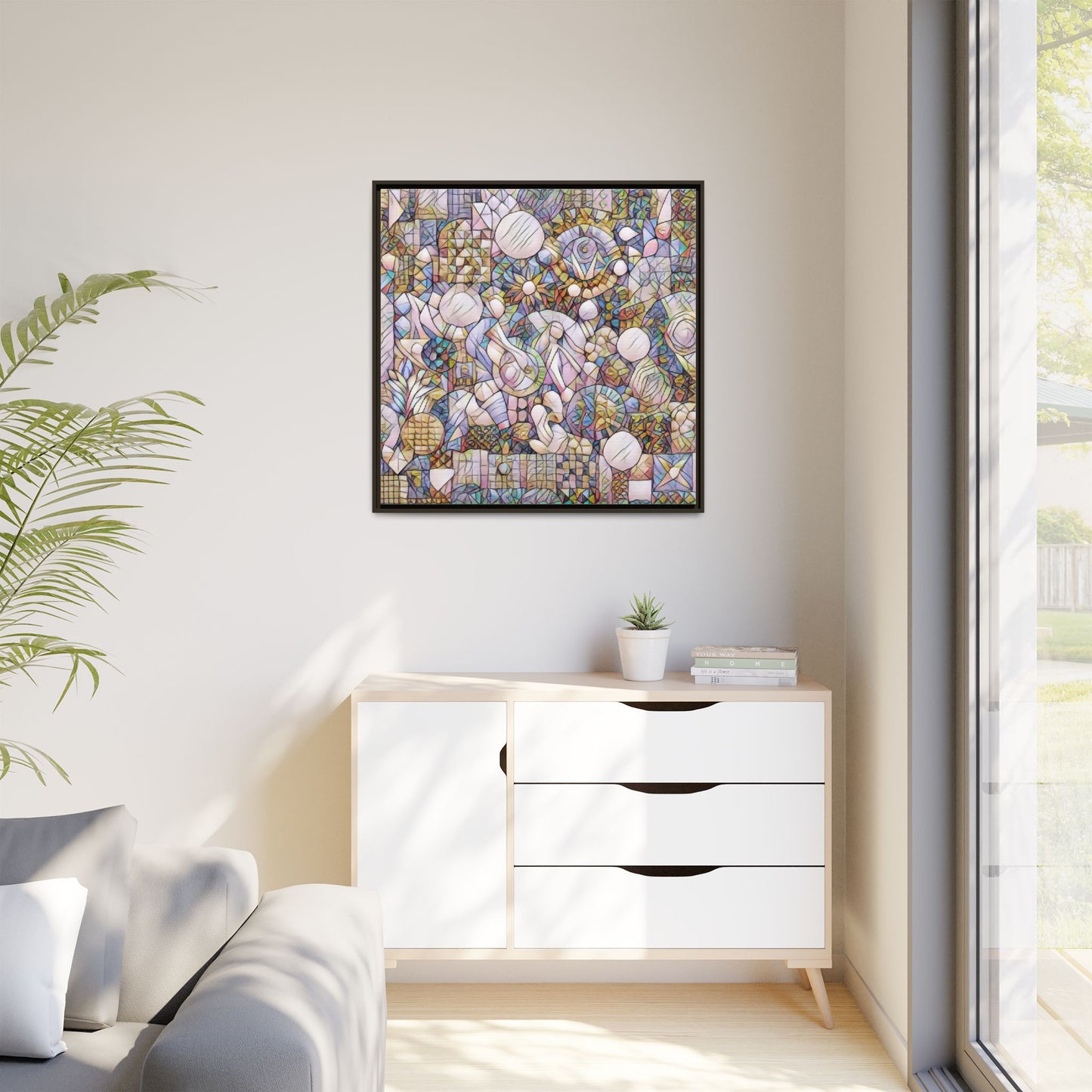 Abstract Geometric Mosaic Framed Canvas — Multicolor Modern Wall Art