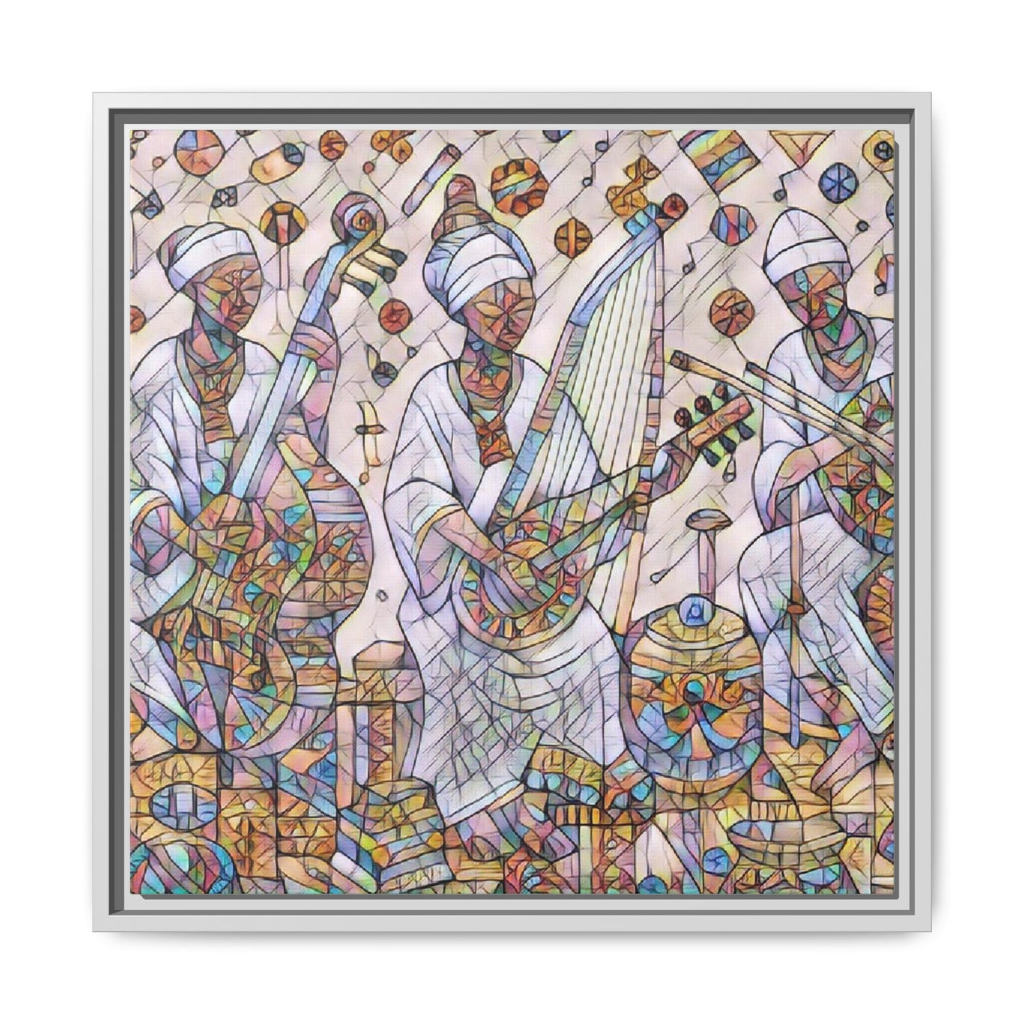 Framed Matte Canvas Print — Colorful African Musicians Stained-Glass Art