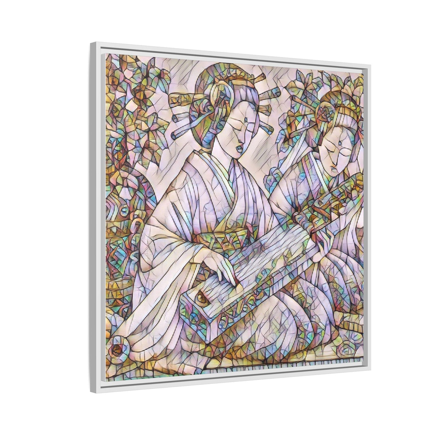 Framed Matte Canvas Print — Stained-Glass Geisha Duo
