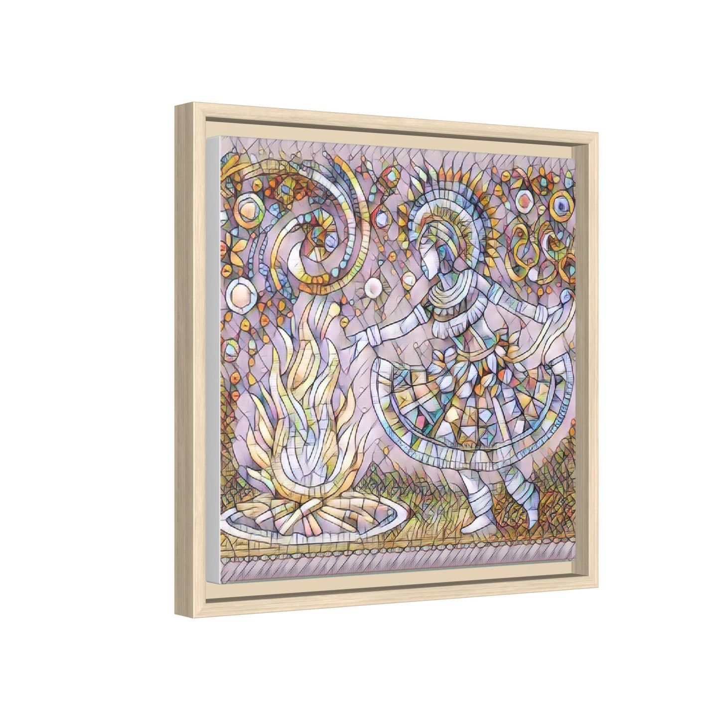 Bohemian Fire Dancer Framed Canvas Art — Colorful Folk Mosaic Wall Decor