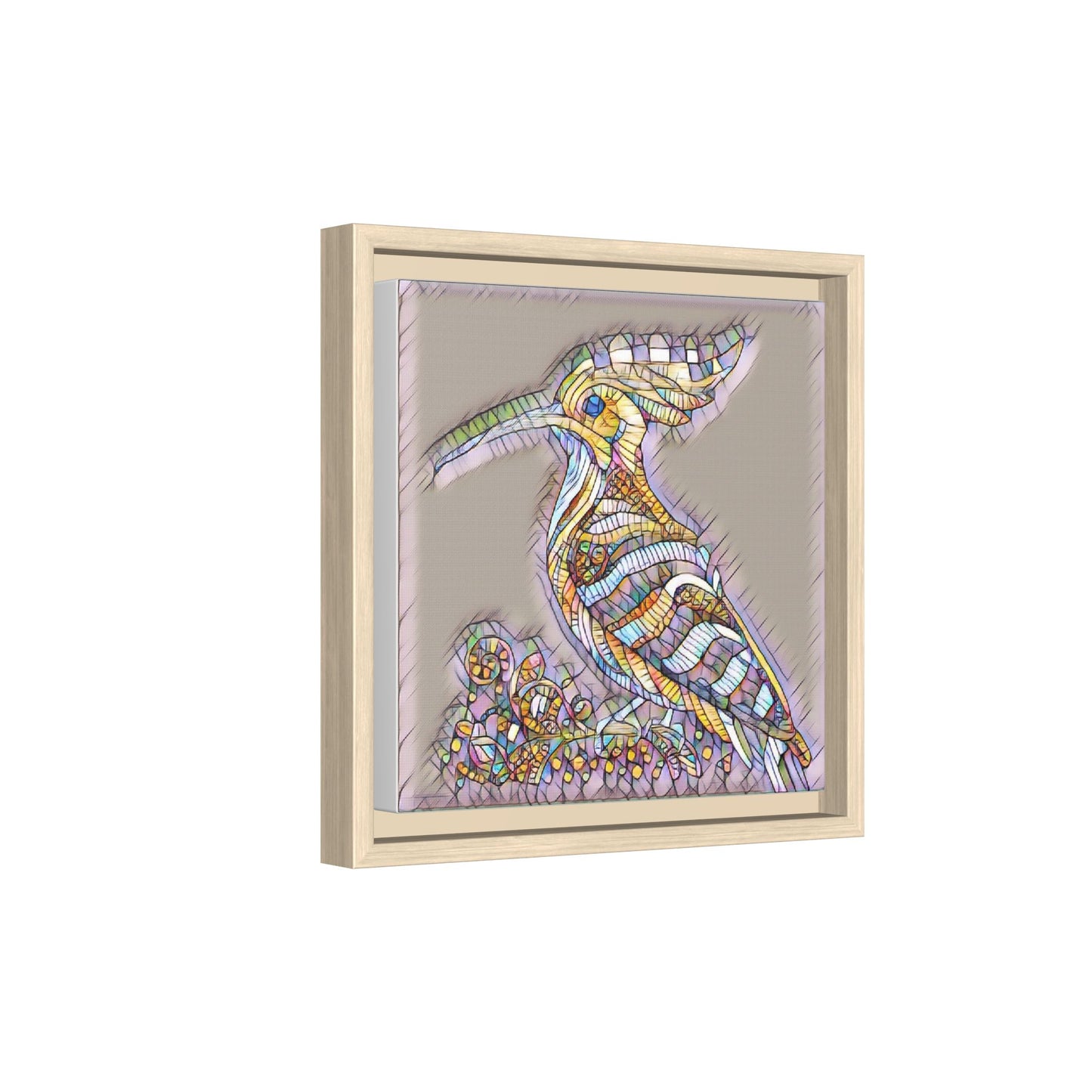 Colorful Mosaic Bird Framed Canvas Art — Whimsical Hoopoe Wall Decor