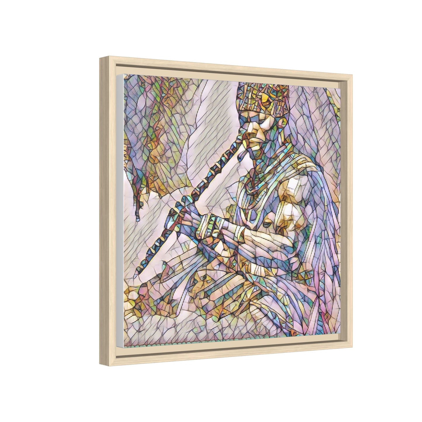 Tribal Flute Musician Stained-Glass Framed Canvas Art