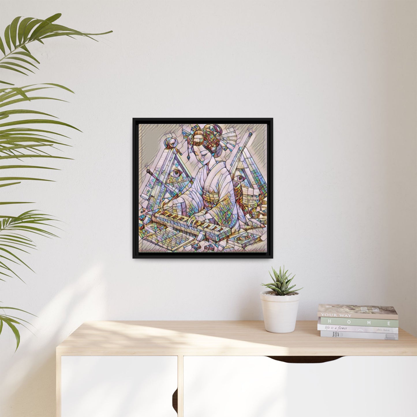 Framed Matte Canvas: Stained-Glass Geisha Wall Art