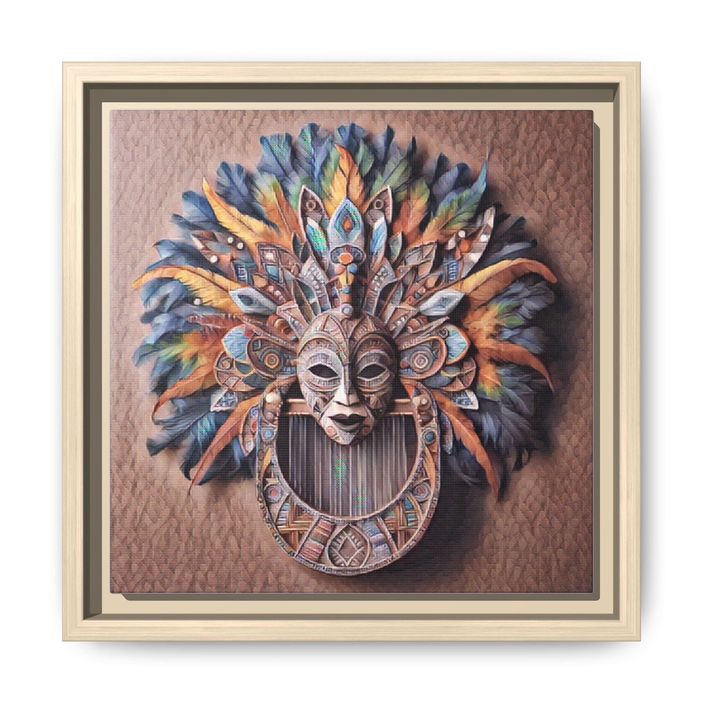 Tribal Feather Mask Framed Canvas Wall Art — Colorful Boho Decorative Print