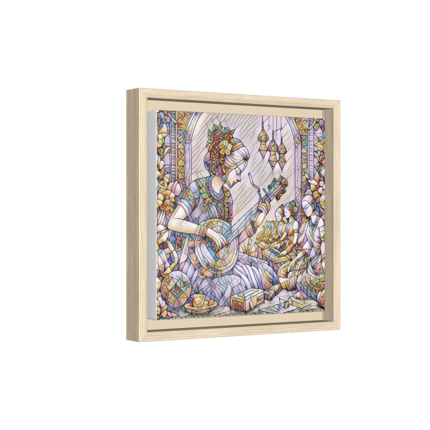 Framed Matte Canvas: Bohemian Woman Playing Lute — Stained-Glass Style Wall Art