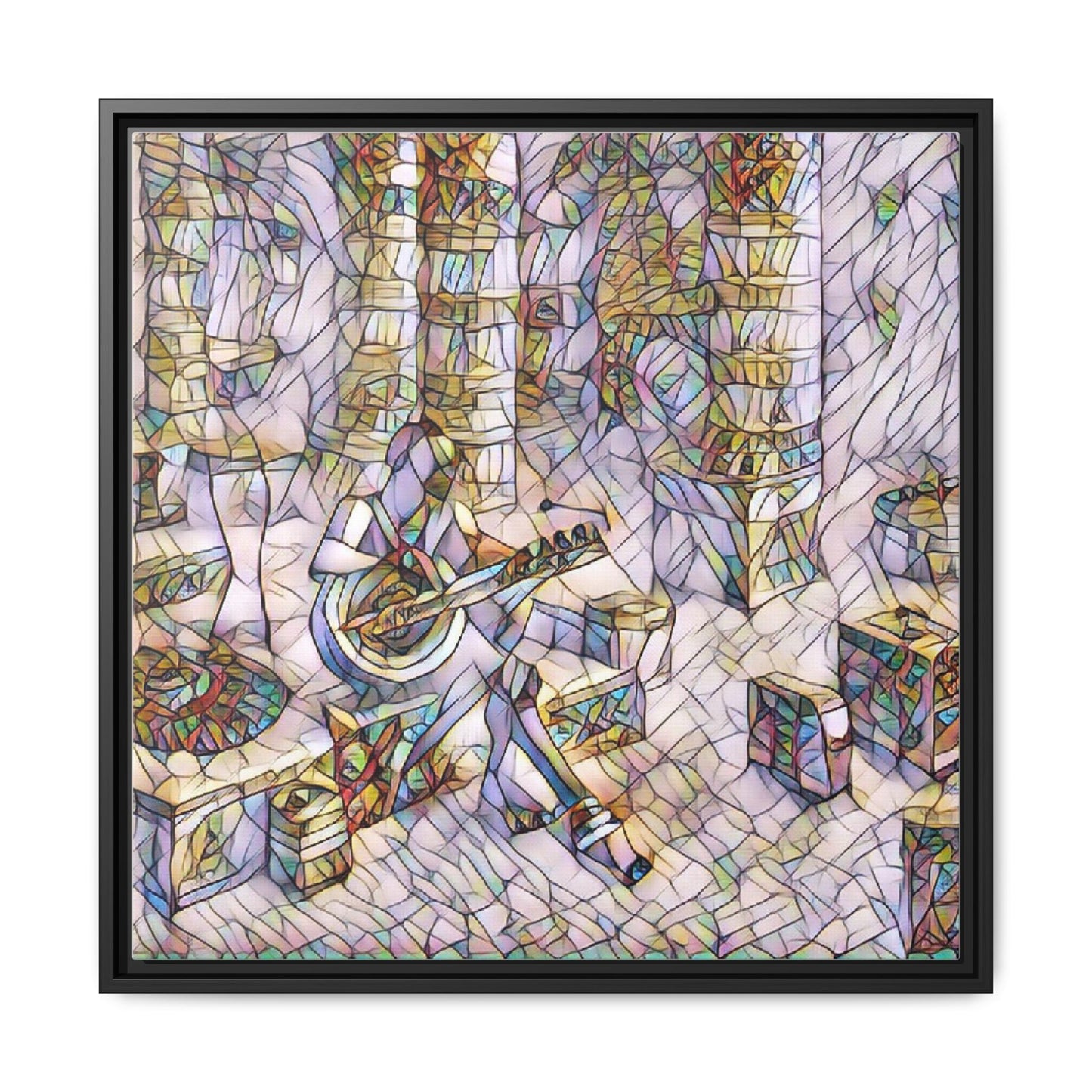 Framed Matte Canvas Art - Abstract Guitarist in Colorful Mosaic
