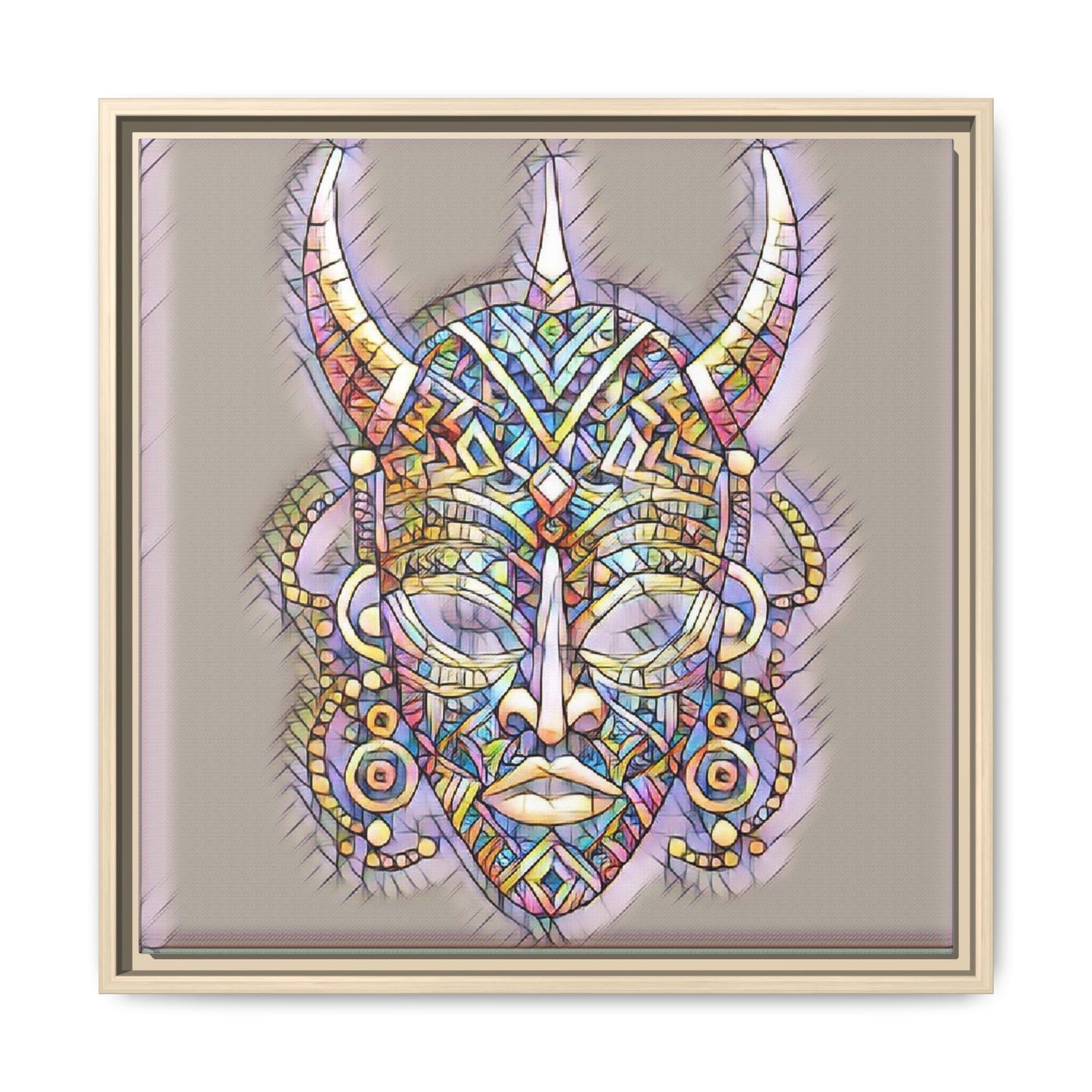 Colorful Tribal Mask Framed Canvas Art — Abstract Ethnic Wall Decor