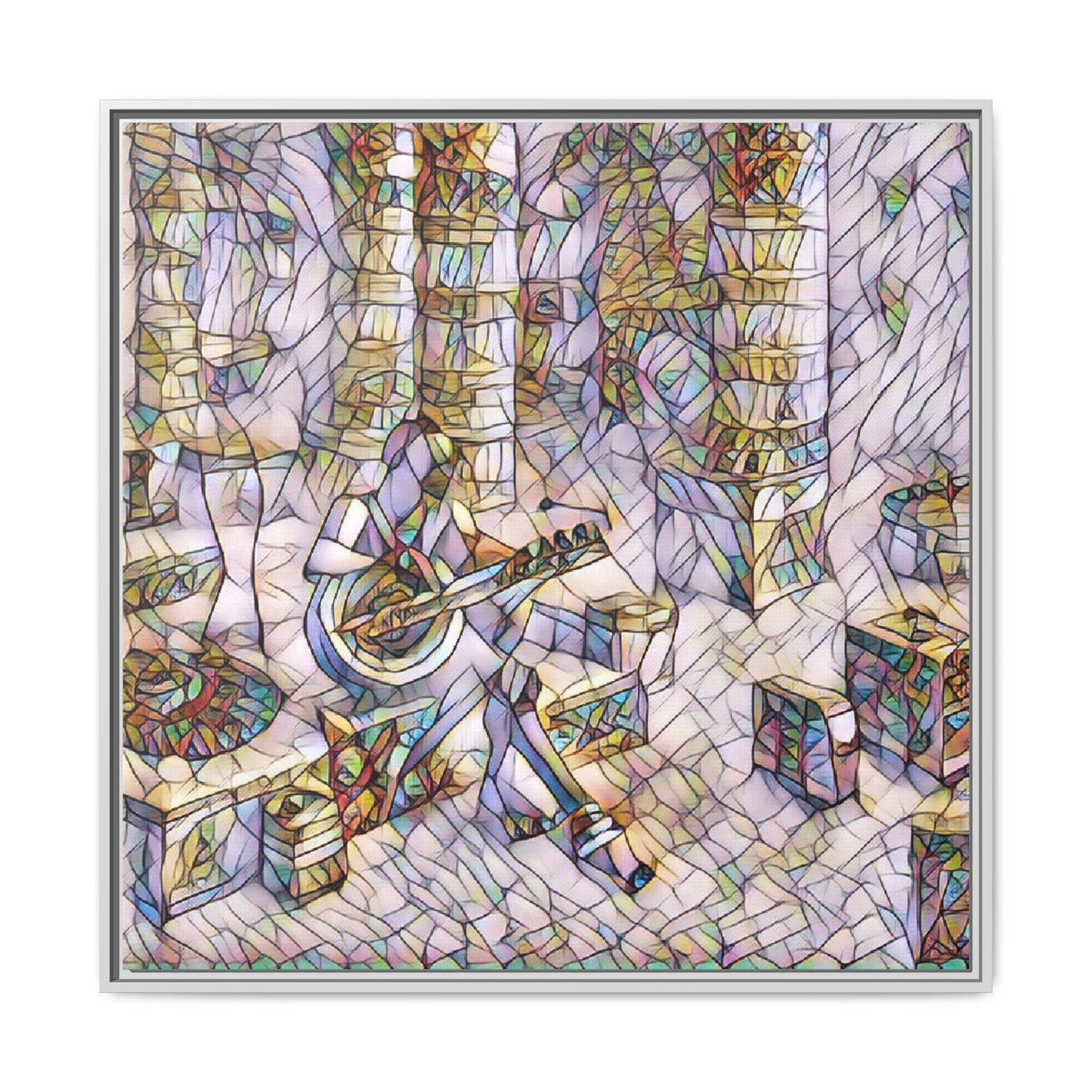Framed Matte Canvas Art - Abstract Guitarist in Colorful Mosaic