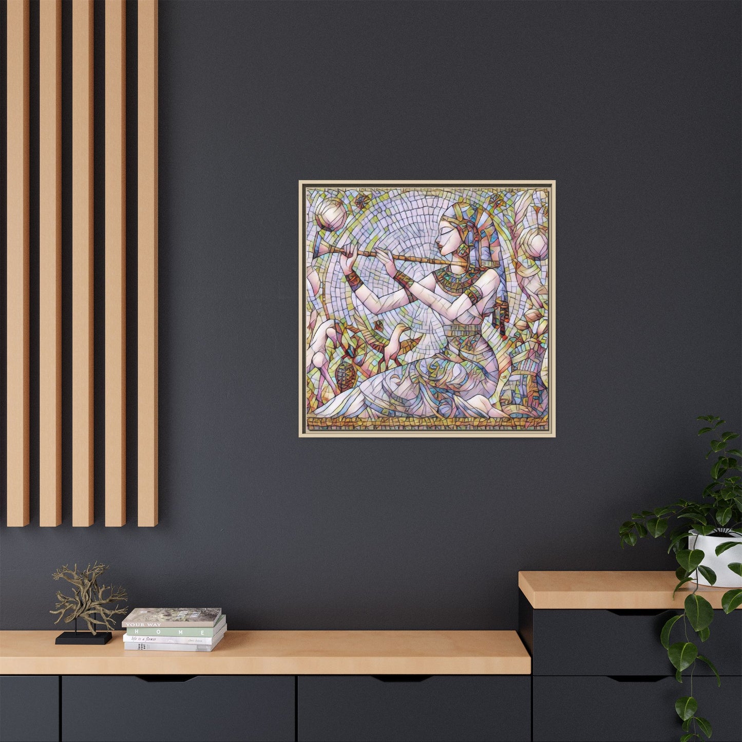 Egyptian Flute Player Framed Canvas Art — Colorful Mosaic Wall Decor
