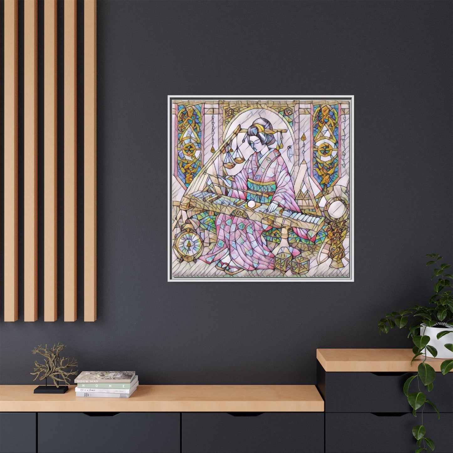 Framed Matte Canvas — Geisha Harp Stained-Glass Art Print