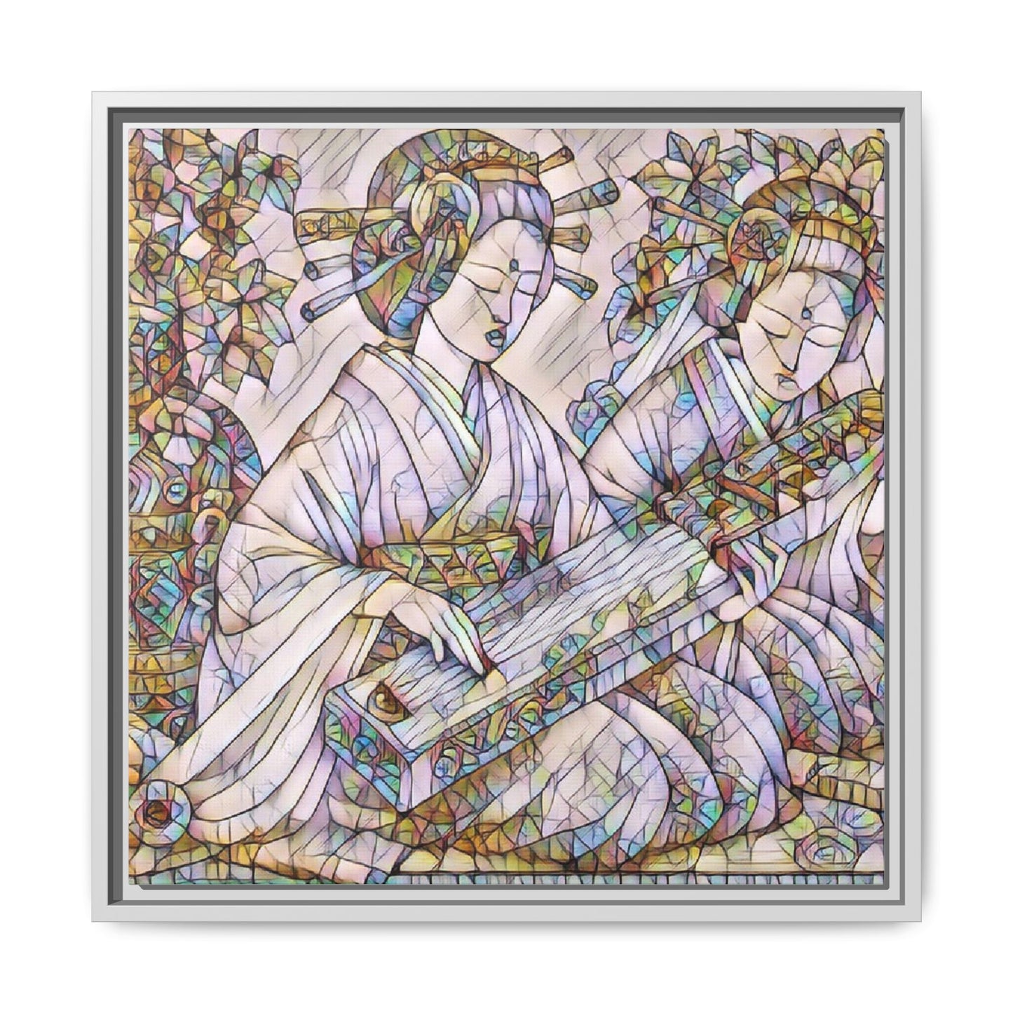 Framed Matte Canvas Print — Stained-Glass Geisha Duo