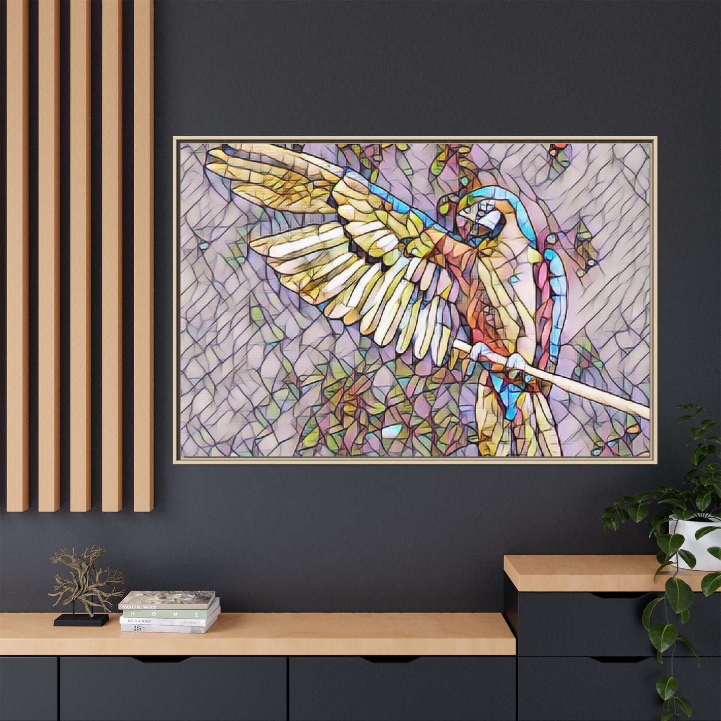 Framed Parrot Stained-Glass Art Print — Matte Canvas Wall Decor
