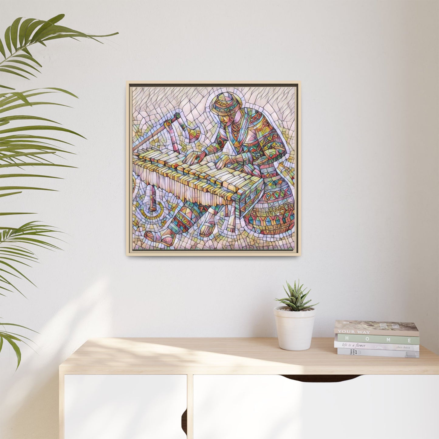 Framed Canvas Art - Colorful Mosaic Vibraphone Musician Print