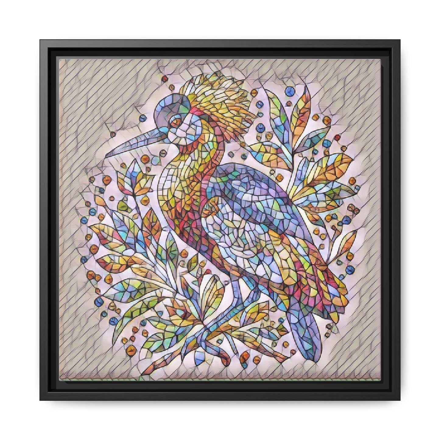 Colorful Stained-Glass Heron — Framed Matte Canvas Wall Art