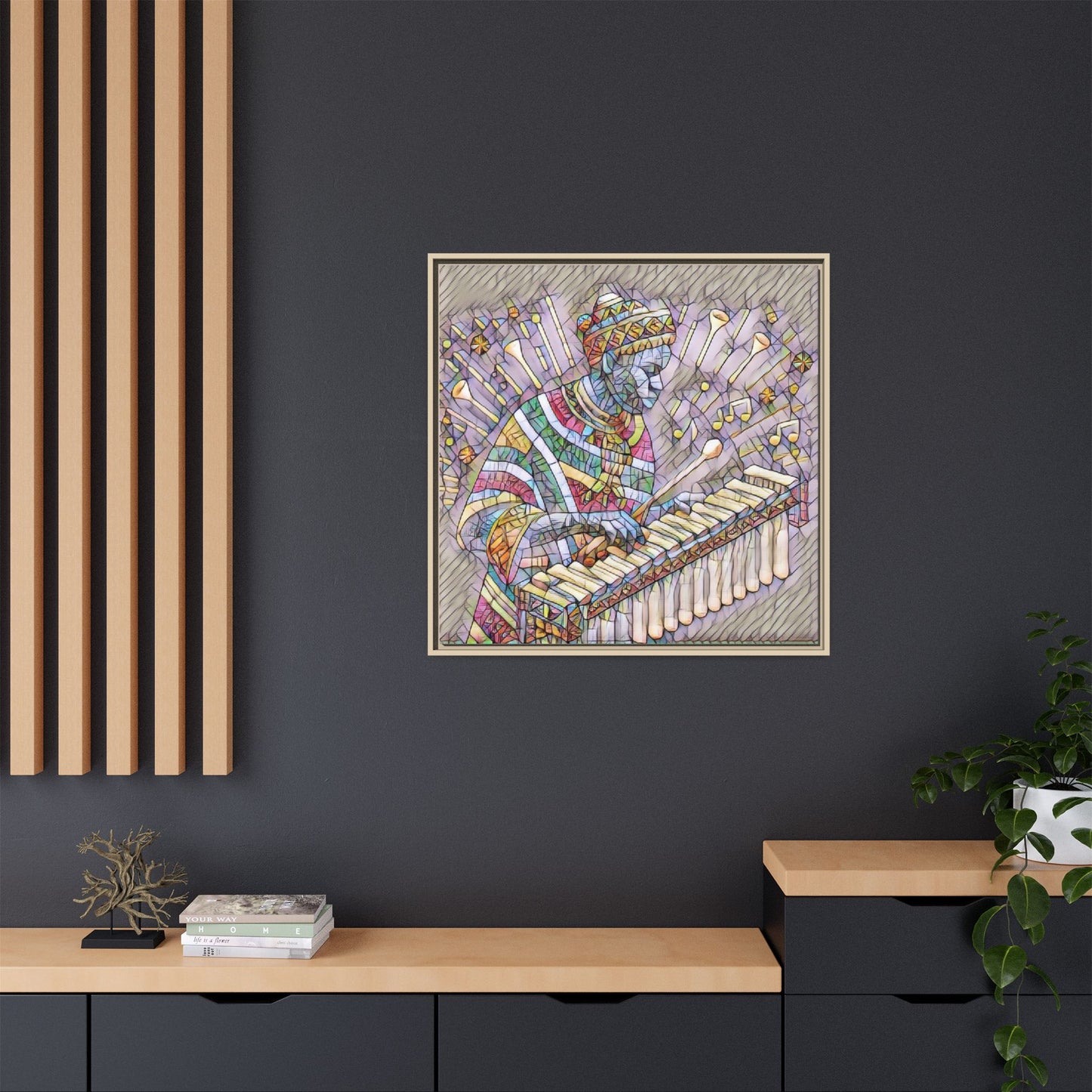 Colorful Marimba Musician Matte Framed Canvas — Vibrant African Instrument Wall Art