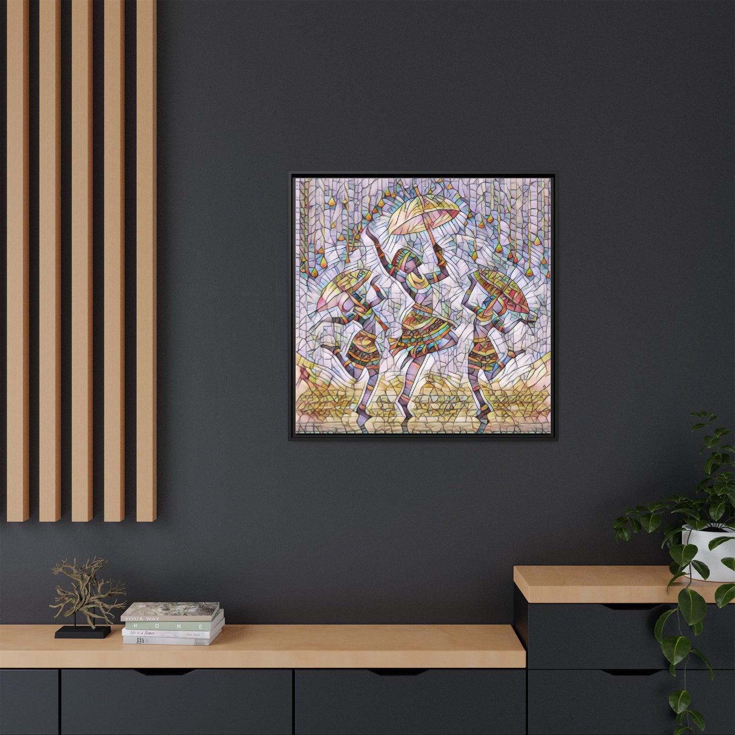 Colorful African Dance Framed Canvas Art — Umbrella Dancers Wall Decor