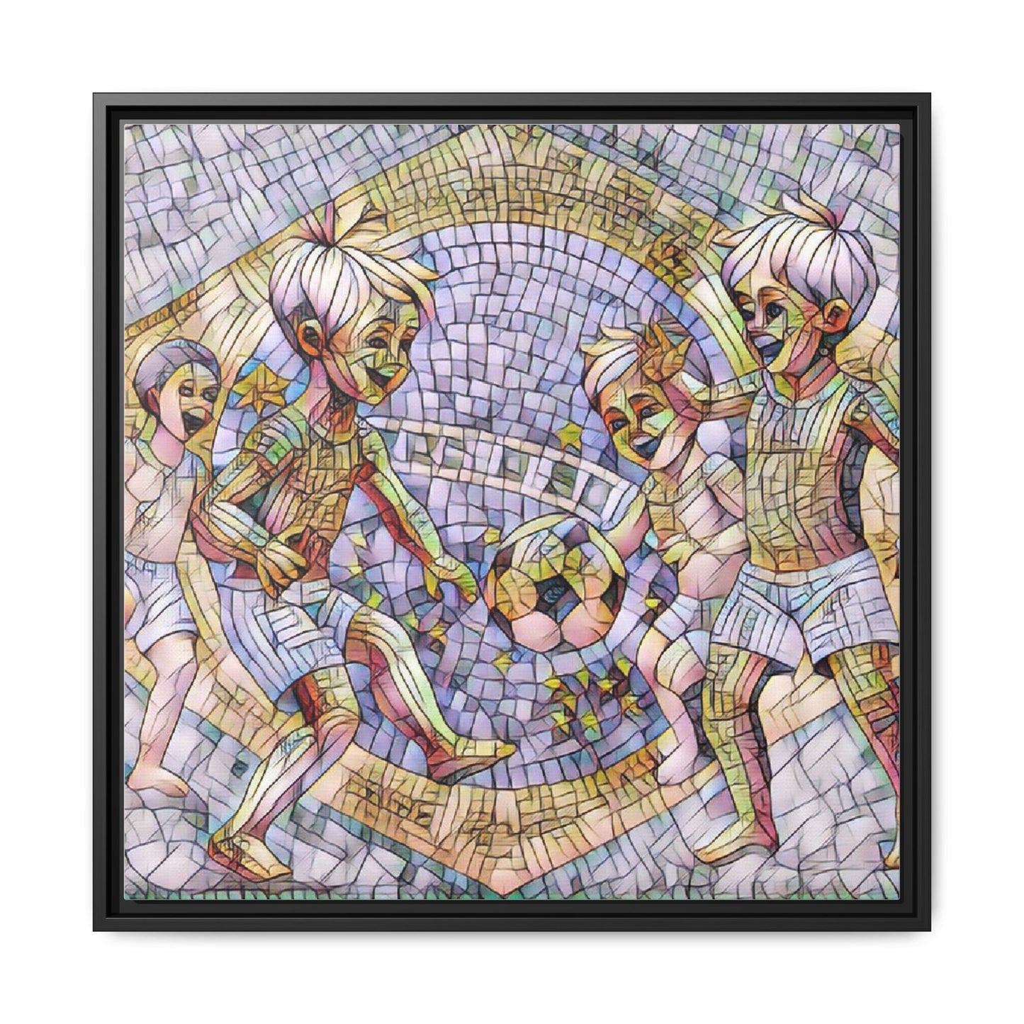 Framed Matte Canvas – Vintage Mosaic Kids Playing Soccer Art
