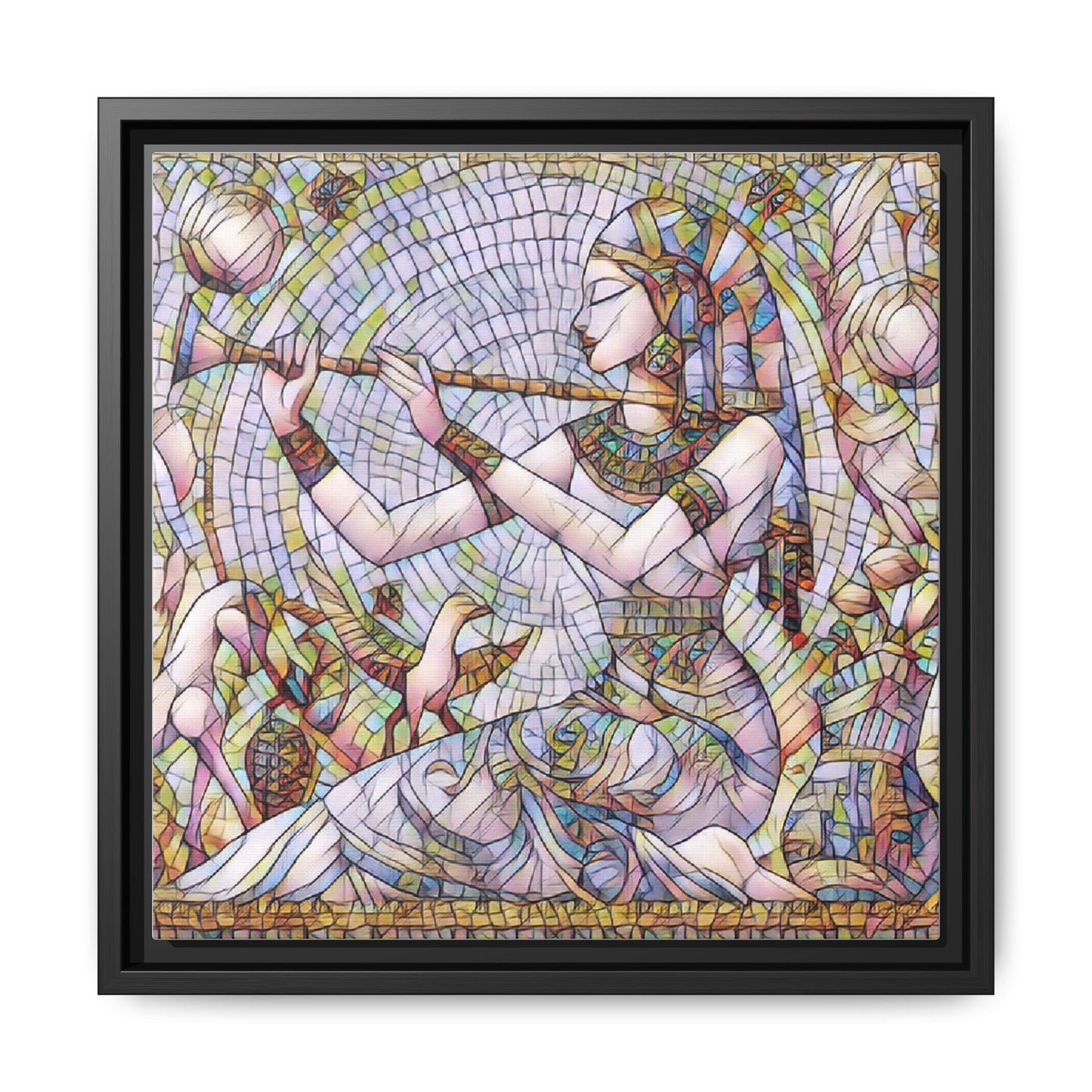 Egyptian Flute Player Framed Canvas Art — Colorful Mosaic Wall Decor