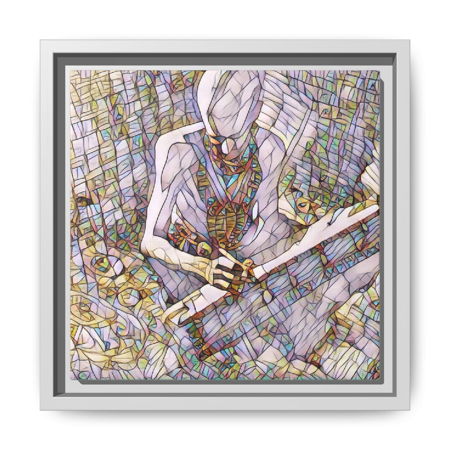 Abstract Fantasy Warrior Matte Framed Canvas — Colorful Stained-Glass Style Art