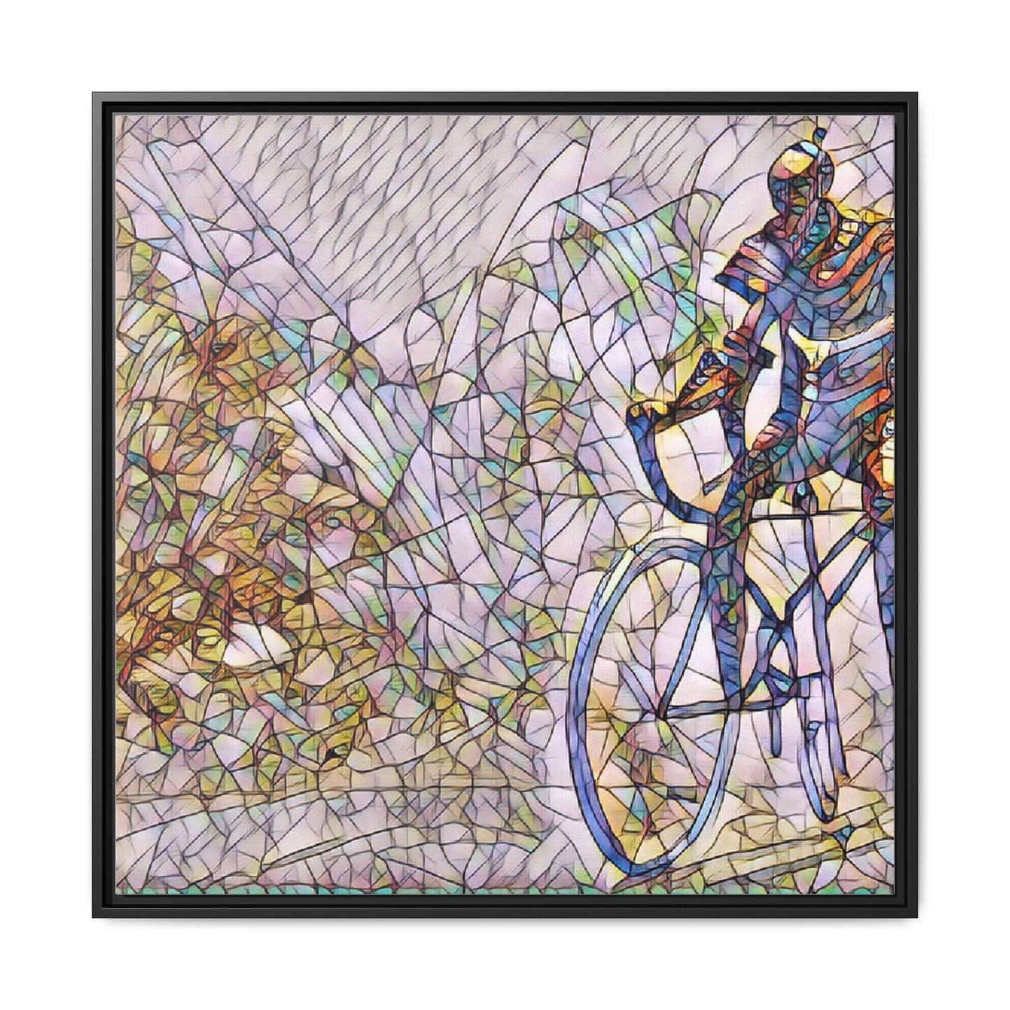 Colorful Cyclist Stained-Glass Art — Framed Matte Canvas