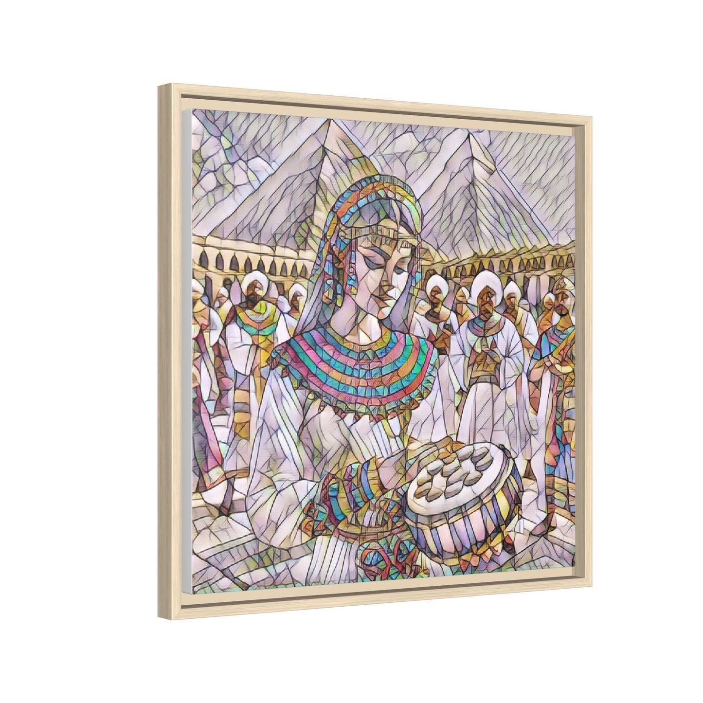 Egyptian Drum Player Framed Canvas Art — Colorful Ancient Scene Wall Decor