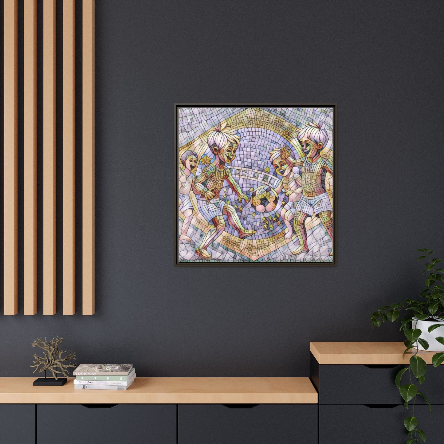 Framed Matte Canvas – Vintage Mosaic Kids Playing Soccer Art