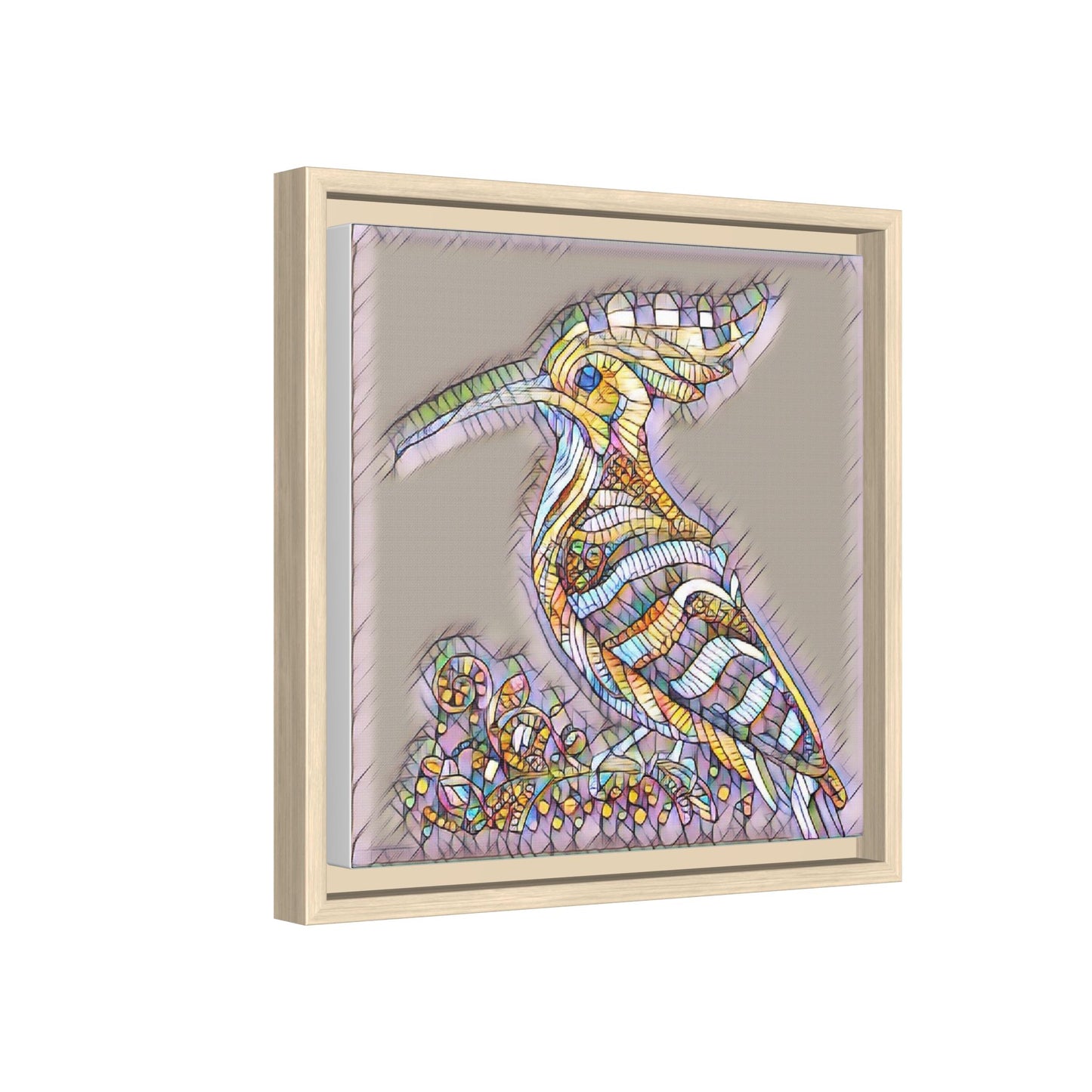 Colorful Mosaic Bird Framed Canvas Art — Whimsical Hoopoe Wall Decor