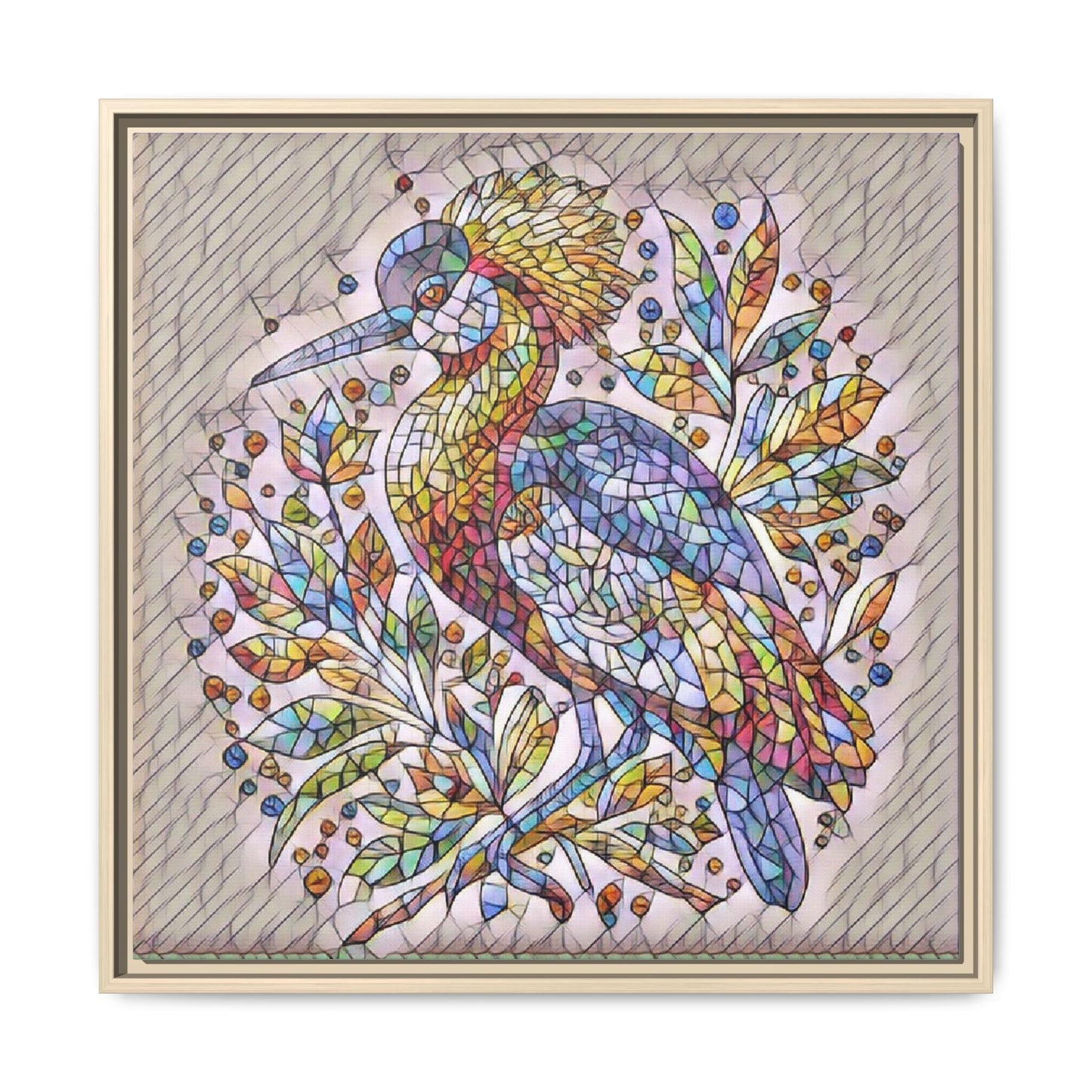 Colorful Stained-Glass Heron — Framed Matte Canvas Wall Art