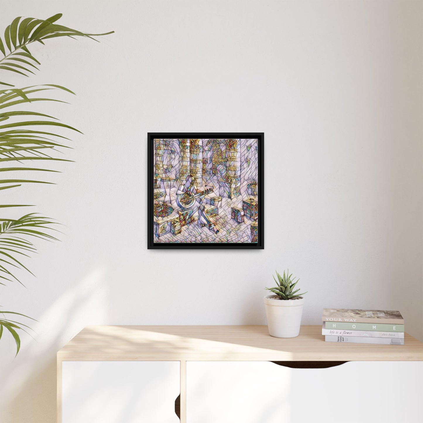 Framed Matte Canvas Art - Abstract Guitarist in Colorful Mosaic