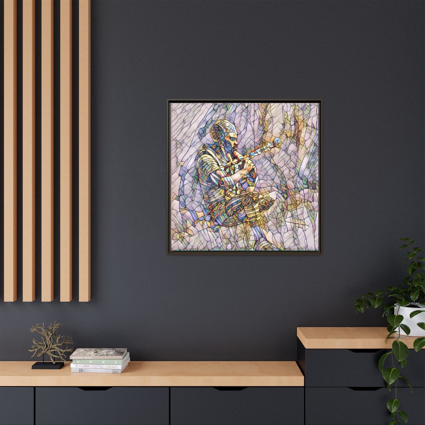 Celtic Piper Framed Matte Canvas — Stained-Glass Style Highland Bagpiper Art