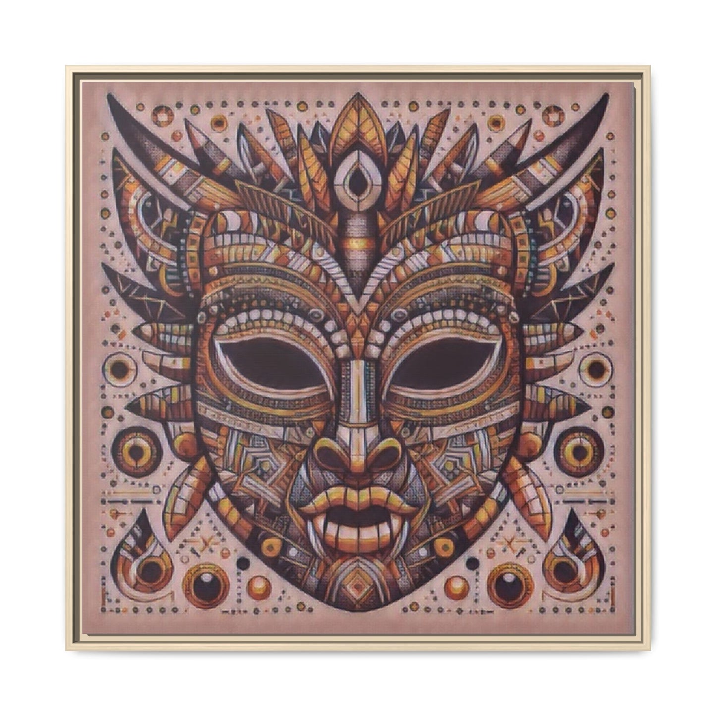 Tribal Mask Framed Canvas Art — Multicolor Matte Wall Decor